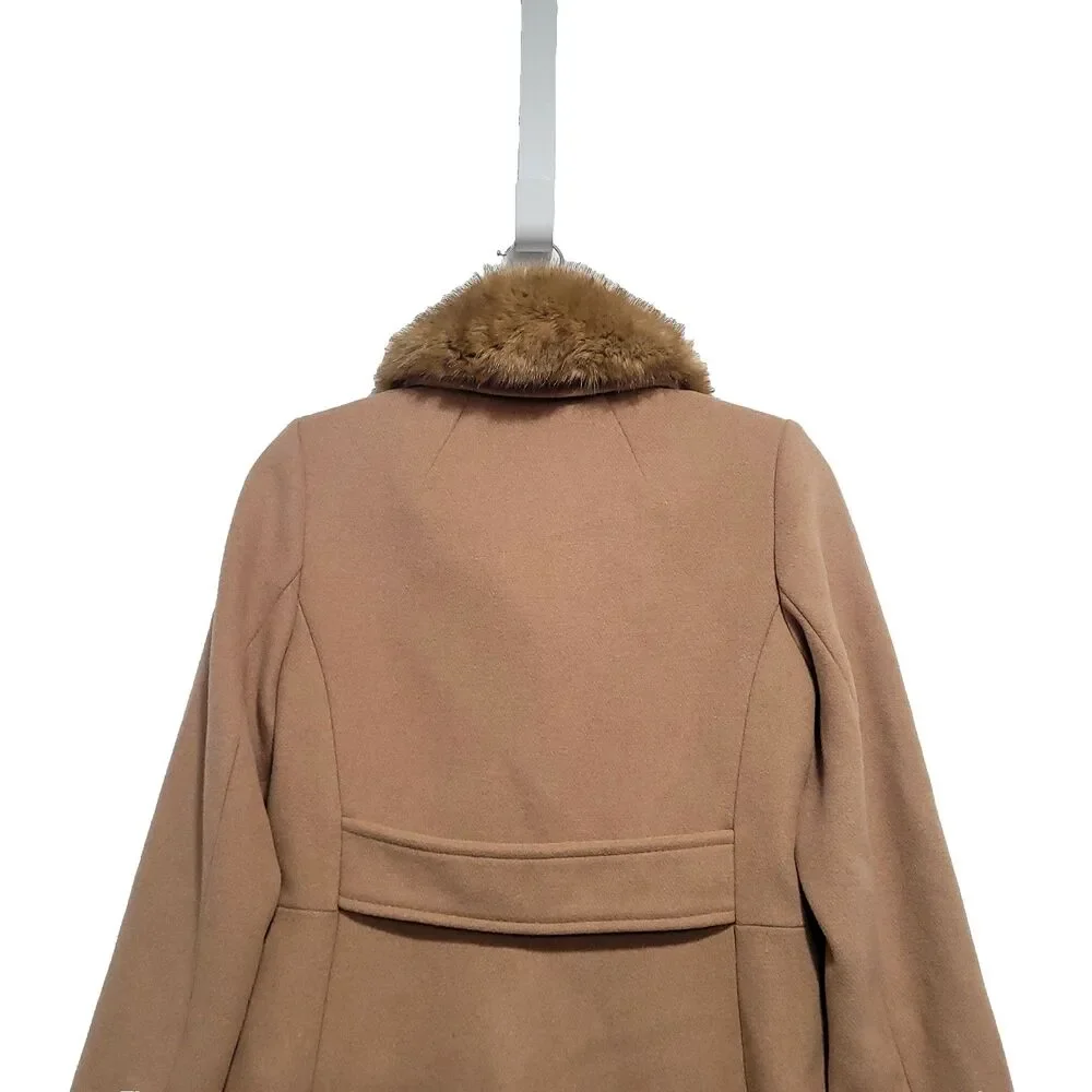 Faux Fur Wool Pea coat Kate Spade‎ XS Tan Pink Satin Lined Preppy mod chic